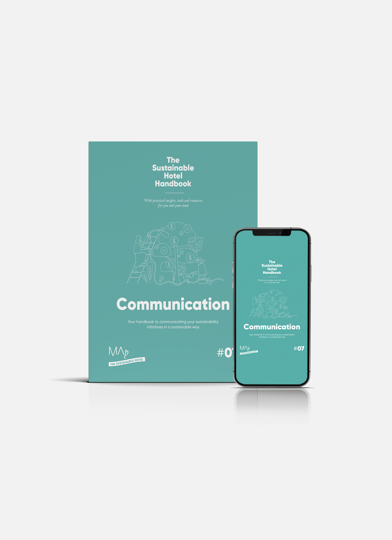 The Sustainable Hotel Handbook: Communication — teal cover shown on a print handbook and a smartphone.
