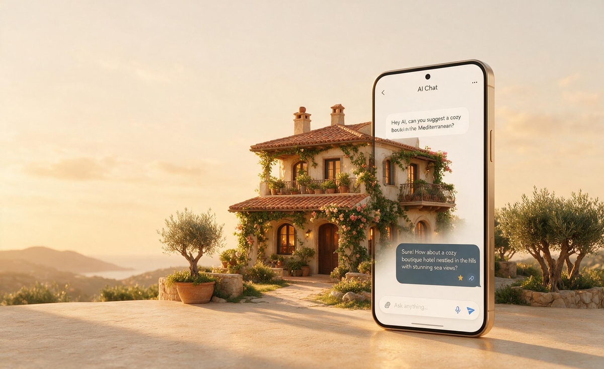 Mediterranean plant-covered boutique hotel at golden hour, its right side merging into a smartphone showing an AI chat that recommends a cosy boutique hotel with sea views, olive trees and a coastal hillside around it