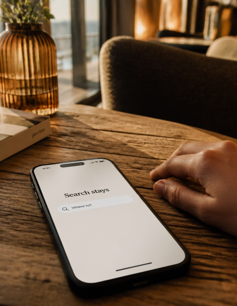 Smartes Hotel-Dashboard mit KI-gestützten Steuerungselementen auf einem digitalen Bildschirm bei Sonnenuntergang