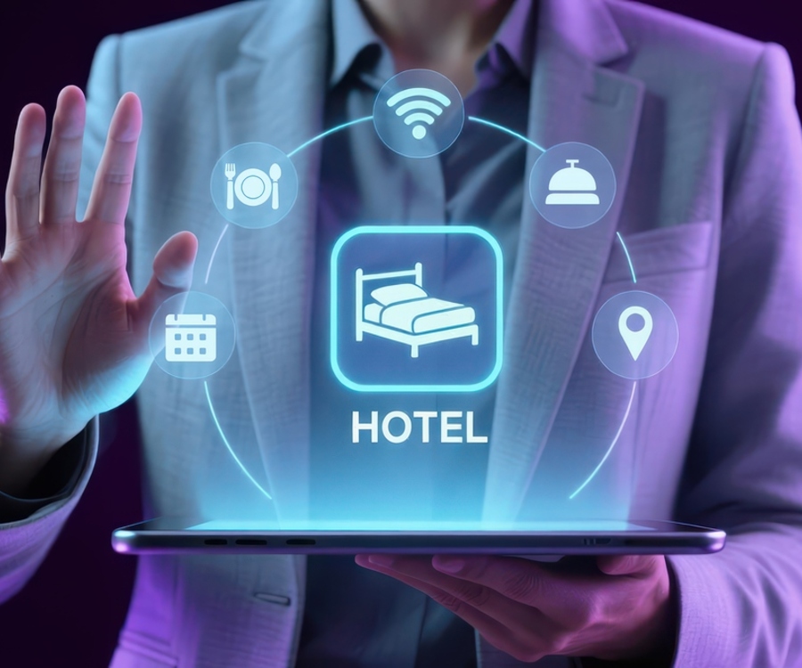 Hotel manager using a tablet with AI-powered hospitality icons showing how artificial intelligence connects hotel services like booking, dining, wifi, and location