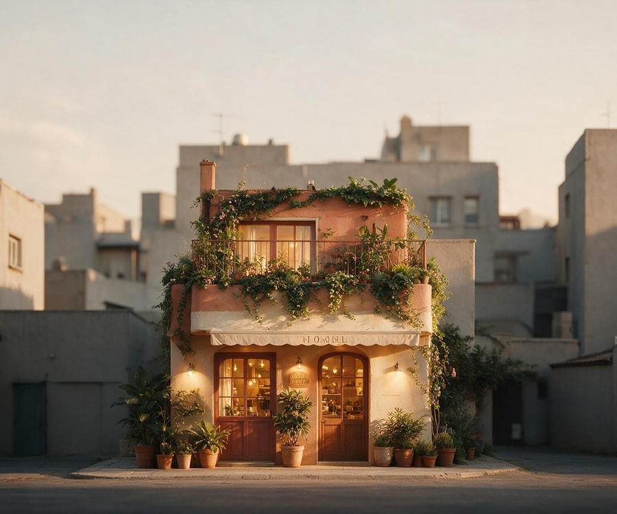 Small warm-lit boutique hotel with a plant-covered façade and balcony, potted plants by its wooden doors, standing out among plain grey concrete buildings in soft golden-hour light