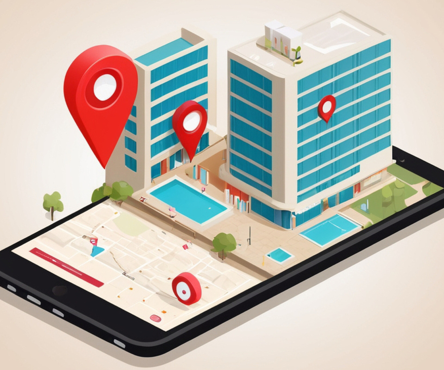 Isometric 3D illustration of a hotel building rising out of a smartphone showing a map, with red location pins marking the property