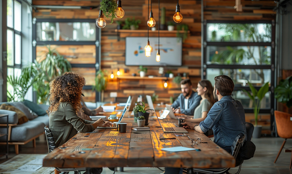 Five people working together at a long wooden table in a bright, plant-filled coworking space, laptops open and a screen with charts in the background