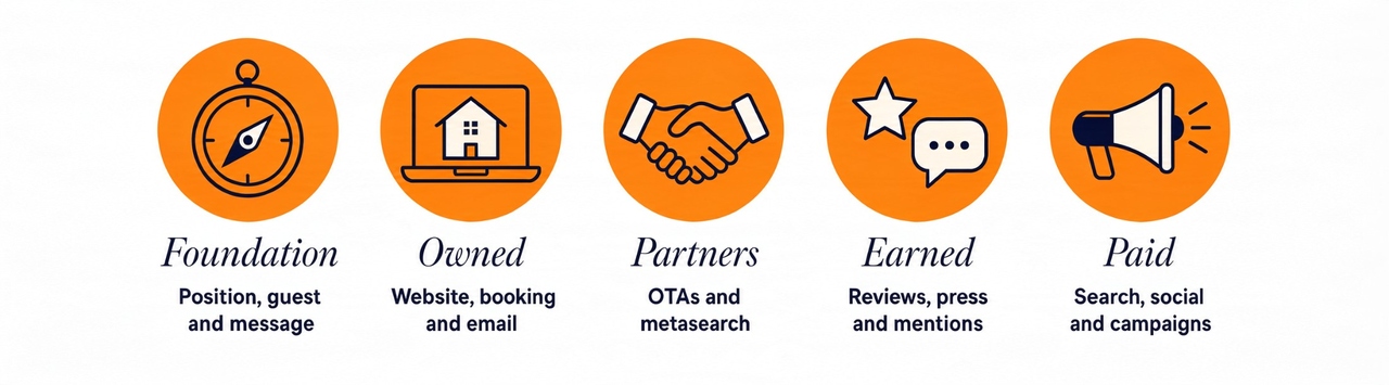 Five orange icons for the five marketing areas: Foundation, Owned, Partners, Earned and Paid