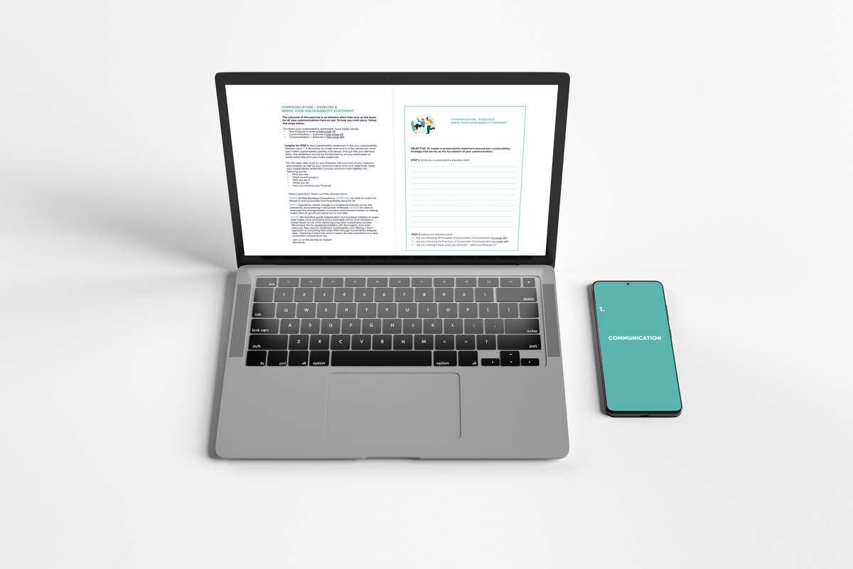 Laptop showing communication exercises and templates; smartphone displays the handbook cover