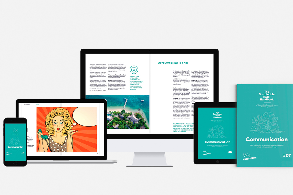 Multi-device mockup showing the Communication handbook cover and interior pages on phone, laptop, desktop, and tablet