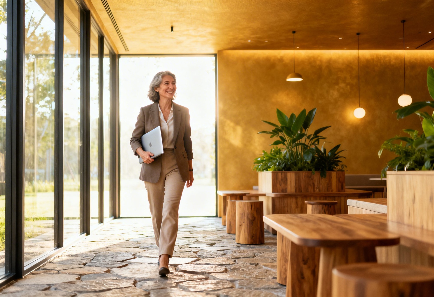 Hotel manager with a laptop walking through a bright boutique hotel lobby with wood and plants