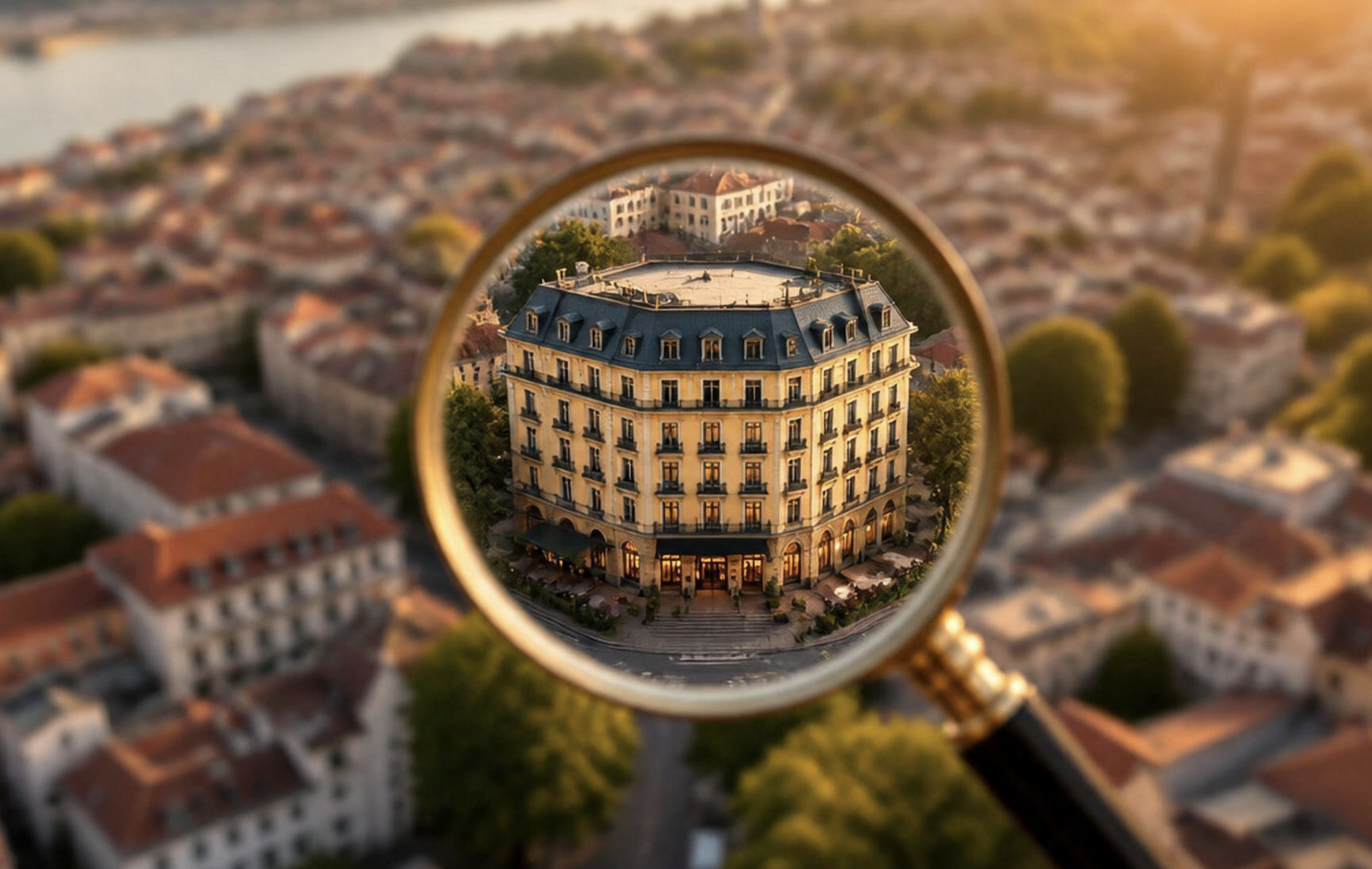 A magnifying glass picks one sharp hotel out of a town of blurred buildings, the way AI picks one hotel to recommend